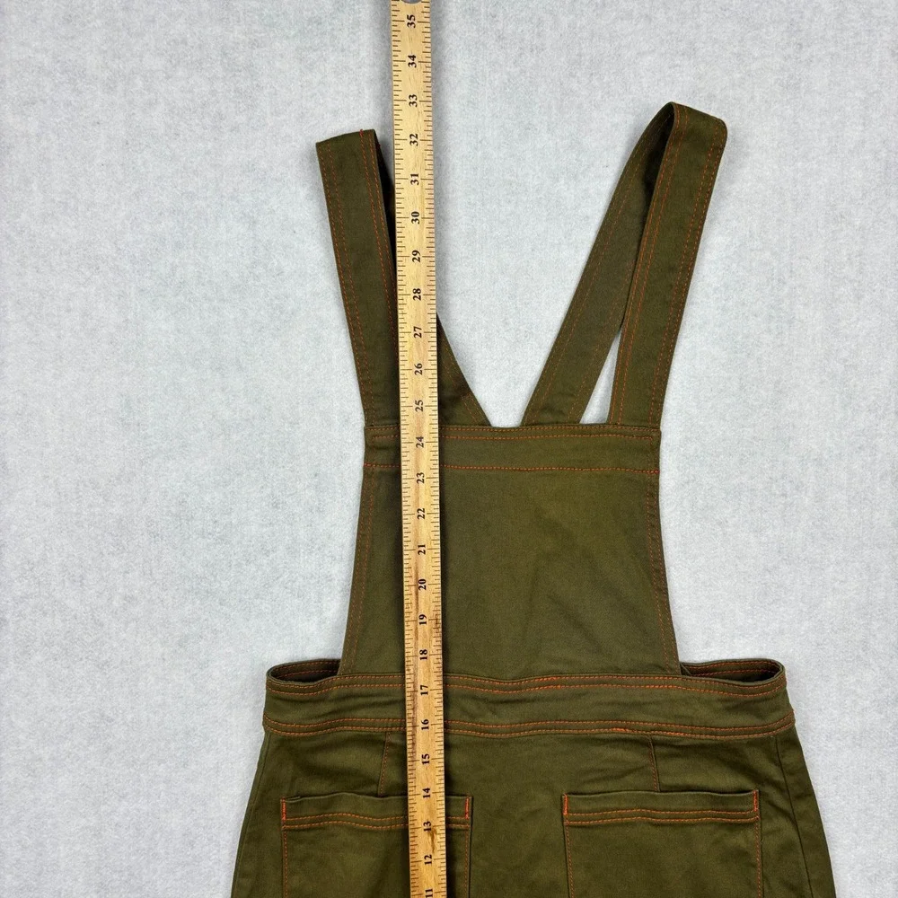 ModCloth Overall Jumper Mini Dress Olive Green Orange Stitch Pinafore Womens 4